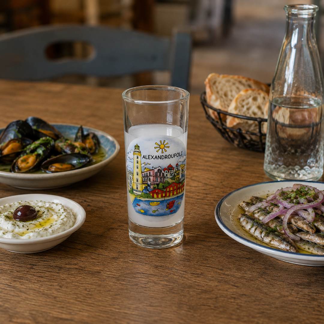 Alexandroupoli ouzo glass design 3 in a lifestyle setting - Ποτήρι για ούζο Αλεξανδρούπολη σχέδιο 3 σε φυσικό χώρο
