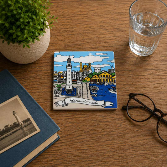 Alexandroupoli square ceramic coaster in a lifestyle setting - Τετράγωνο κεραμικό σουβέρ Αλεξανδρούπολη σε φυσικό χώρο