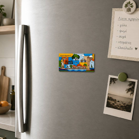 Alexandroupoli metal fridge magnet in a lifestyle setting - Μεταλλικό μαγνητάκι Αλεξανδρούπολη σε φυσικό χώρο