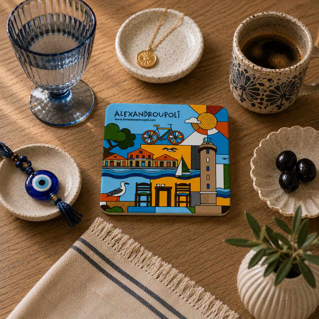 Alexandroupoli wooden coaster design 2 in a lifestyle setting - Ξύλινο σουβέρ Αλεξανδρούπολη σχέδιο 2 σε φυσικό χώρο