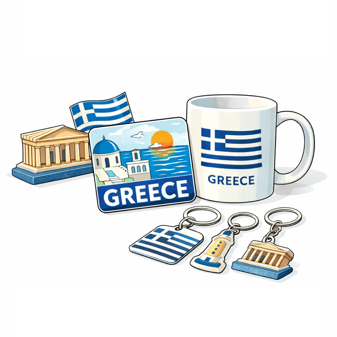 Greece souvenirs collection with Greek gifts magnets mugs and miniatures