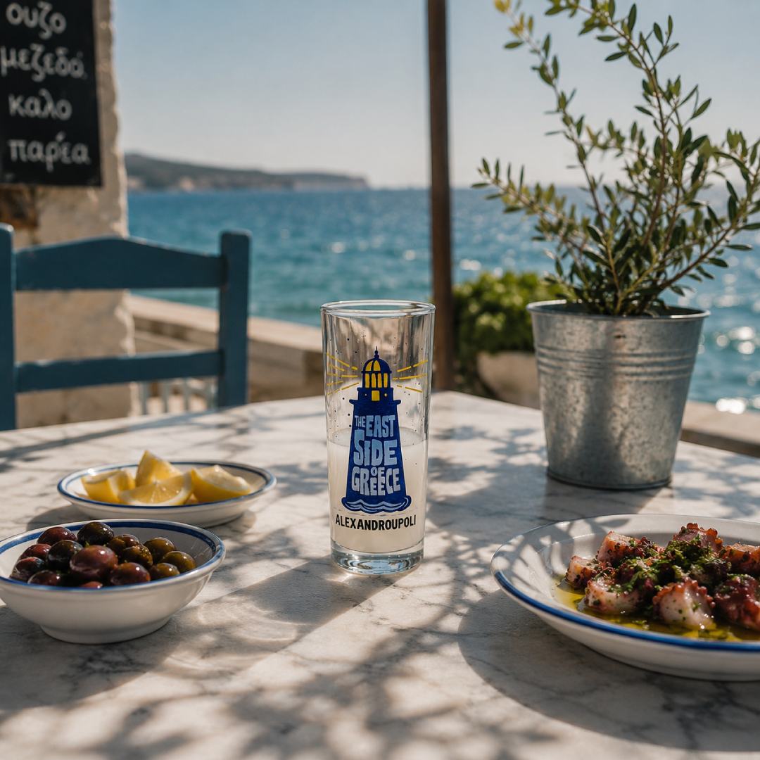 Alexandroupoli blue lighthouse ouzo glass in a lifestyle setting - Ποτήρι για ούζο Αλεξανδρούπολη με μπλε φάρο σε φυσικό χώρο