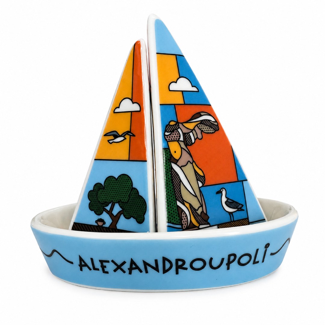 Boat salt and pepper shaker Nike of Samothrace side view - Αλατοπίπερο καραβάκι Νίκη της Σαμοθράκης