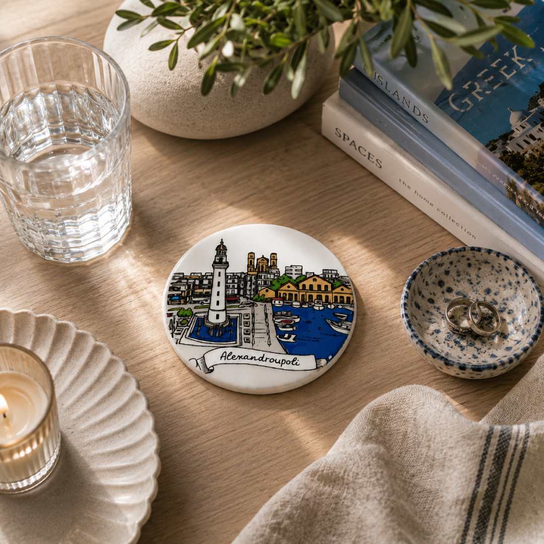 Alexandroupoli ceramic coaster in a lifestyle setting - Κεραμικό σουβέρ Αλεξανδρούπολη σε φυσικό χώρο