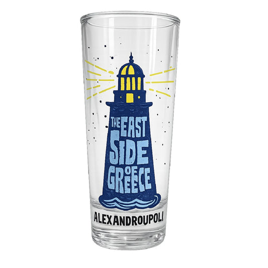 Alexandroupoli blue lighthouse souvenir ouzo glass on white background - Ποτήρι για ούζο Αλεξανδρούπολη με μπλε φάρο σε λευκό φόντο