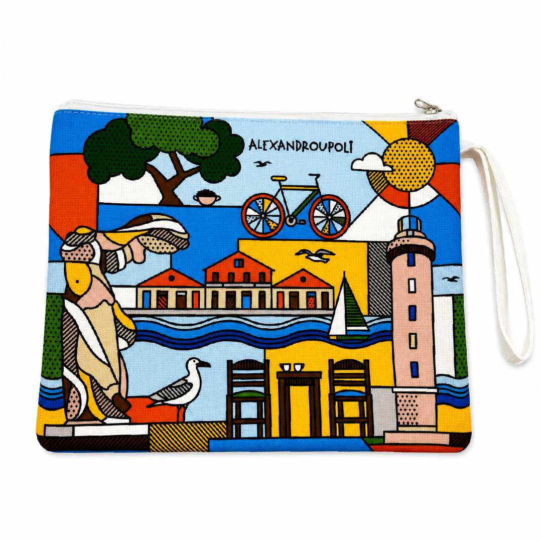 Alexandroupoli colorful souvenir pouch bag on white background - Πολύχρωμο νεσεσέρ Αλεξανδρούπολη σε λευκό φόντο