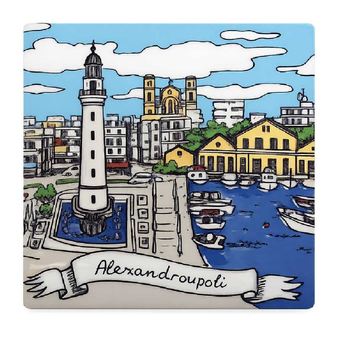 Alexandroupoli square ceramic drink coaster on white background - Τετράγωνο κεραμικό σουβέρ Αλεξανδρούπολη σε λευκό φόντο