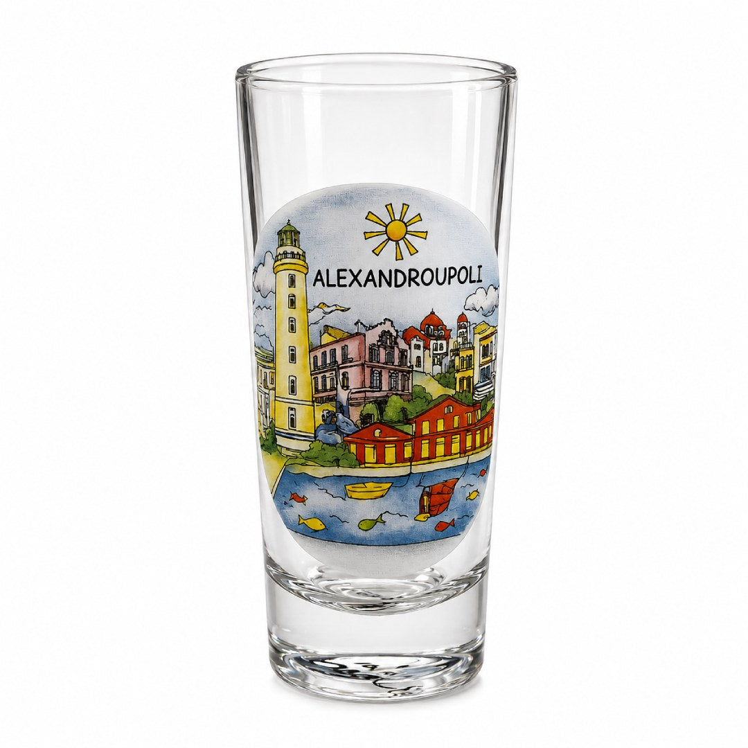Alexandroupoli souvenir ouzo glass design 3 on white background - Ποτήρι για ούζο Αλεξανδρούπολη σχέδιο 3 σε λευκό φόντο