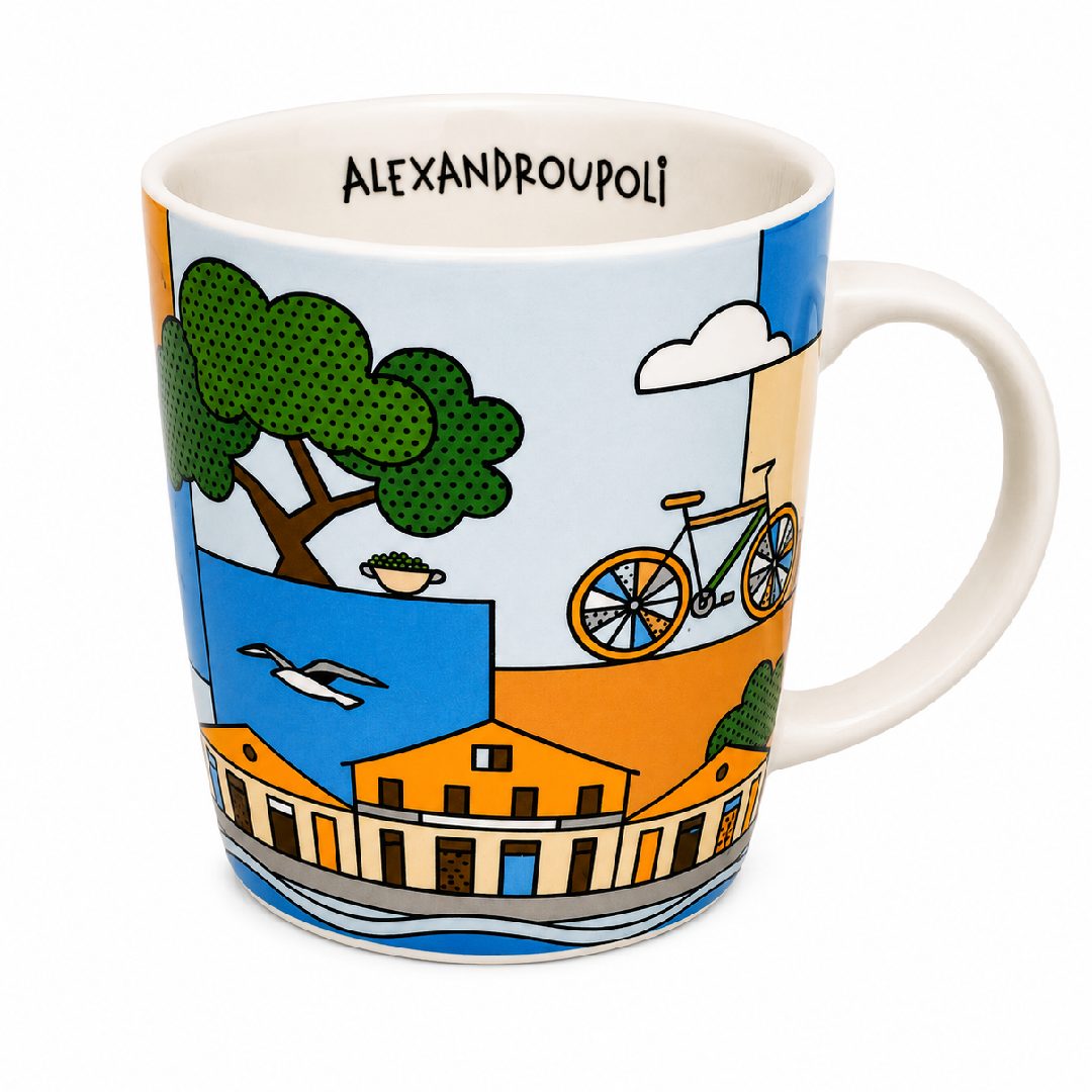 Alexandroupoli 360 print ceramic mug back view on white background - Κεραμική κούπα Αλεξανδρούπολη 360 τύπωμα από άλλη γωνία σε λευκό φόντο