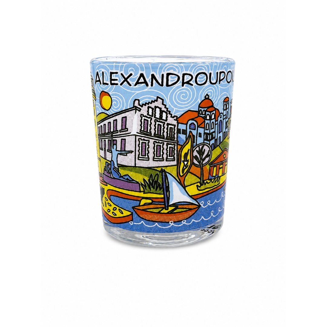 Alexandroupoli colorful 360 shot glass back view on white background - Πολύχρωμο σφηνοπότηρο Αλεξανδρούπολη 360 τύπωμα από άλλη γωνία σε λευκό φόντο