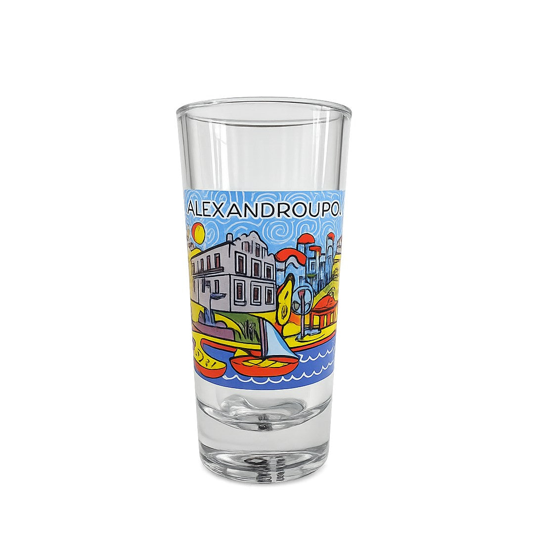 Alexandroupoli souvenir ouzo glass detail view on white background - Ποτήρι για ούζο Αλεξανδρούπολη λεπτομέρεια σε λευκό φόντο