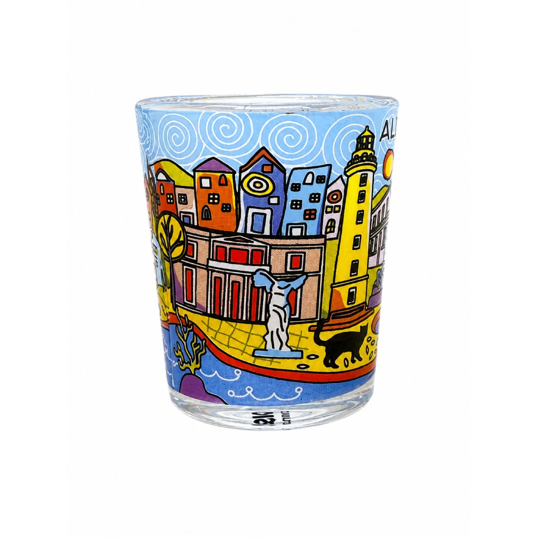 Alexandroupoli colorful 360 allover print souvenir shot glass on white background - Πολύχρωμο σφηνοπότηρο Αλεξανδρούπολη 360 τύπωμα σε λευκό φόντο