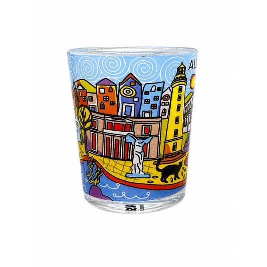 Alexandroupoli colorful 360 allover print souvenir shot glass on white background - Πολύχρωμο σφηνοπότηρο Αλεξανδρούπολη 360 τύπωμα σε λευκό φόντο