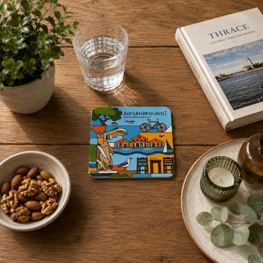 Alexandroupoli wooden coaster in a lifestyle setting - Ξύλινο σουβέρ Αλεξανδρούπολη σε φυσικό χώρο