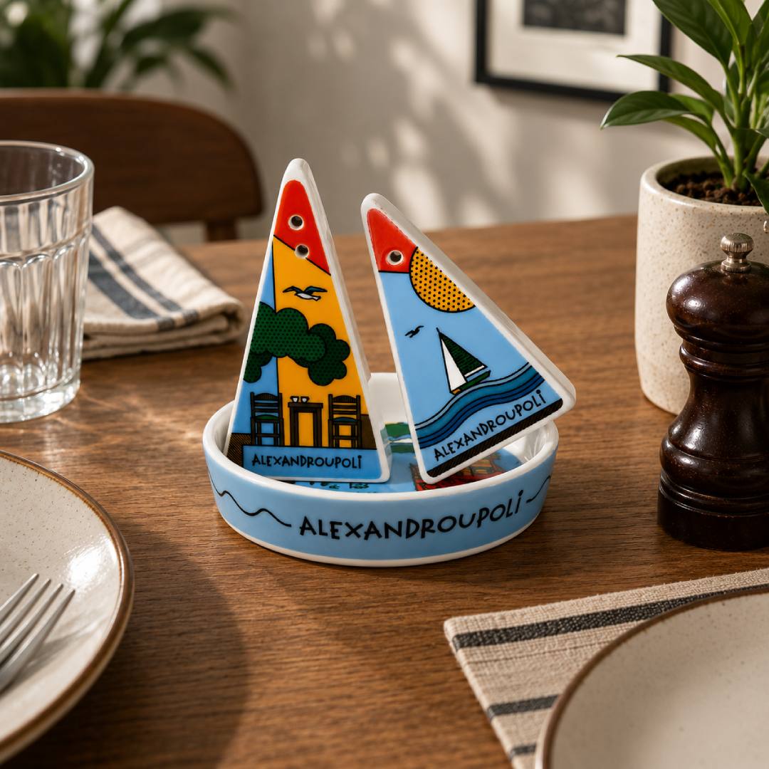 Alexandroupoli boat salt and pepper shaker set with lighthouse illustration - Αλατοπίπερο καραβάκι Φάρος Αλεξανδρούπολης