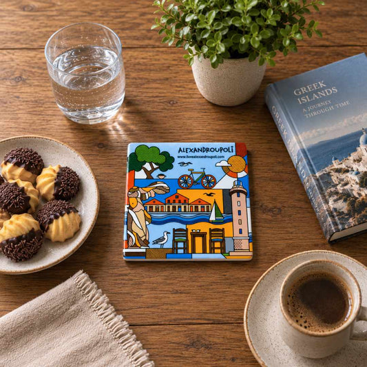 Alexandroupoli Square Ceramic Coaster - Greek Souvenir Cup Mat