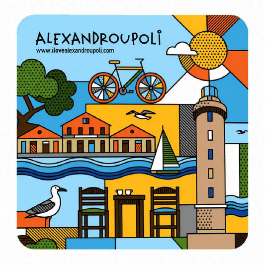 Alexandroupoli slim wooden drink coaster design 2 on white background - Ξύλινο λεπτό σουβέρ Αλεξανδρούπολη σχέδιο 2 σε λευκό φόντο
