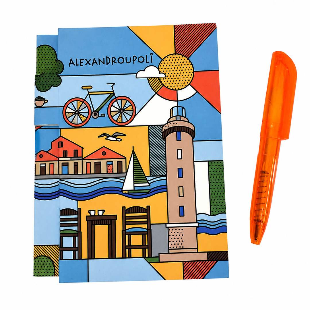 Alexandroupoli souvenir notebook with orange pen on white background - Σημειωματάριο με πορτοκαλί στυλό Αλεξανδρούπολη σε λευκό φόντο