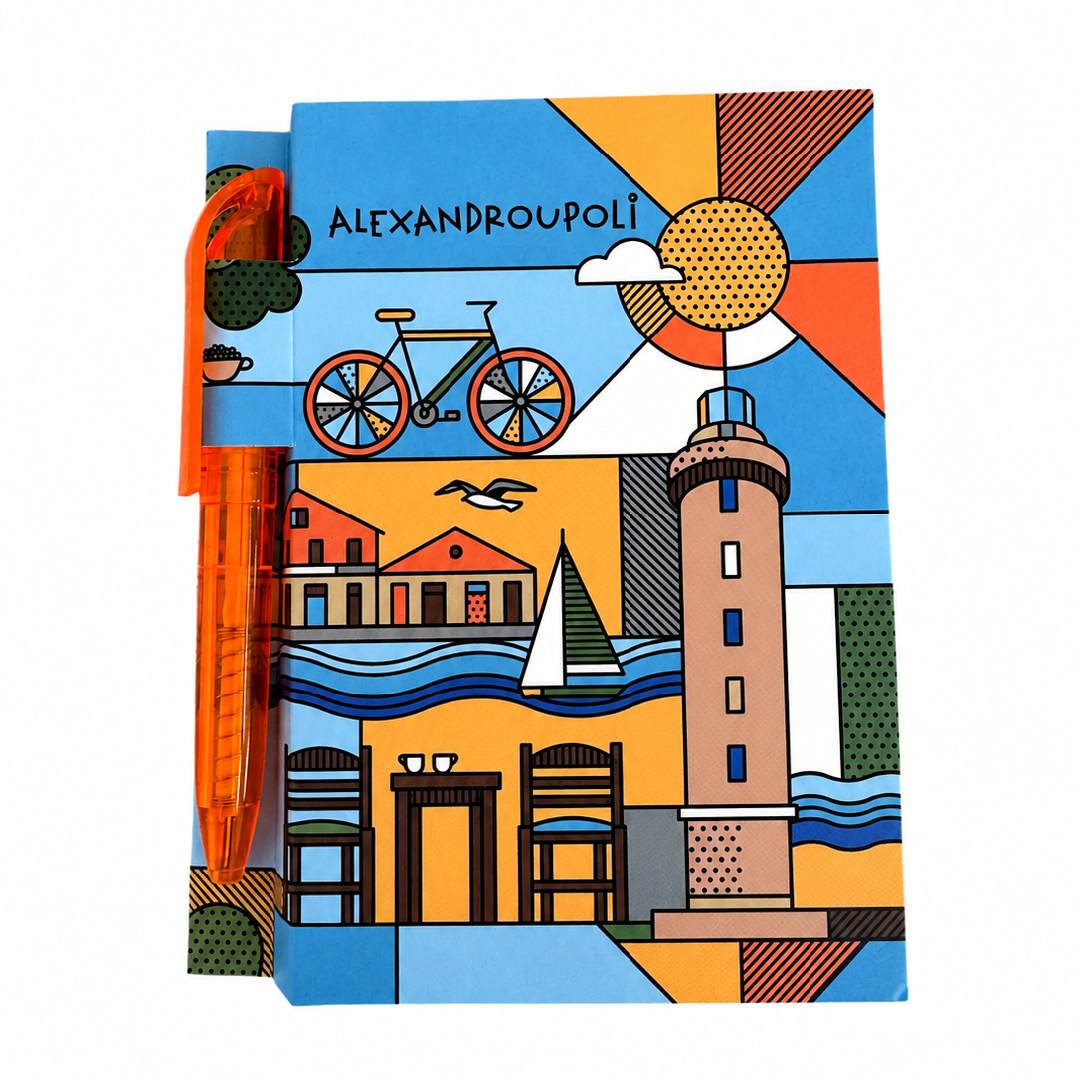 Open Alexandroupoli souvenir notebook with orange pen view on white background - Σημειωματάριο με πορτοκαλί στυλό Αλεξανδρούπολη ανοιχτό σε λευκό φόντο