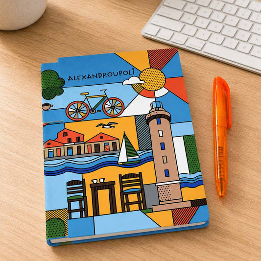 Alexandroupoli notebook and orange pen set in a lifestyle setting - Σημειωματάριο με πορτοκαλί στυλό Αλεξανδρούπολη σε φυσικό χώρο