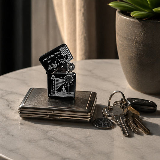 Alexandroupoli black souvenir lighter refill valve detail - Αναπτήρας υγραερίου Αλεξανδρούπολη λεπτομέρεια