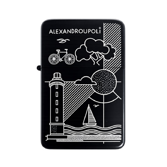 Alexandroupoli black refillable gas lighter front view - Μαύρος επαναγεμιζόμενος αναπτήρας Αλεξανδρούπολη