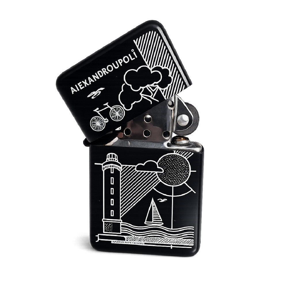 Alexandroupoli Black Refillable Gas Lighter - Greek Souvenir Lighter