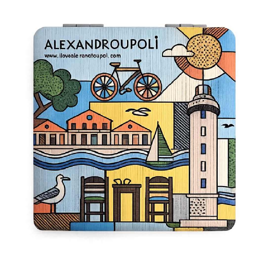 Alexandroupoli pocket compact mirror on white background - Καθρεφτάκι τσέπης Αλεξανδρούπολη σε λευκό φόντο