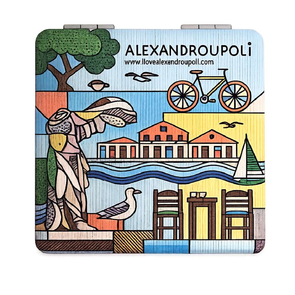 Alexandroupoli and Nike of Samothrace pocket compact mirror on white background - Καθρεφτάκι τσέπης Αλεξανδρούπολη Νίκη Σαμοθράκης σε λευκό φόντο