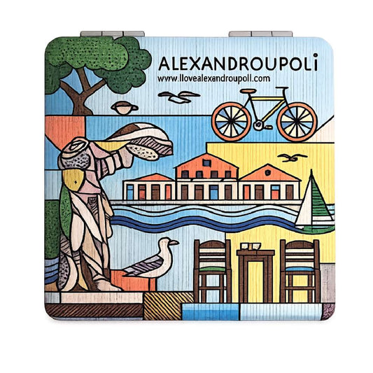 Alexandroupoli and Nike of Samothrace pocket compact mirror on white background - Καθρεφτάκι τσέπης Αλεξανδρούπολη Νίκη Σαμοθράκης σε λευκό φόντο