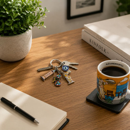 Alexandroupoli keychain in a lifestyle setting - Μπρελόκ Αλεξανδρούπολη σε φυσικό χώρο