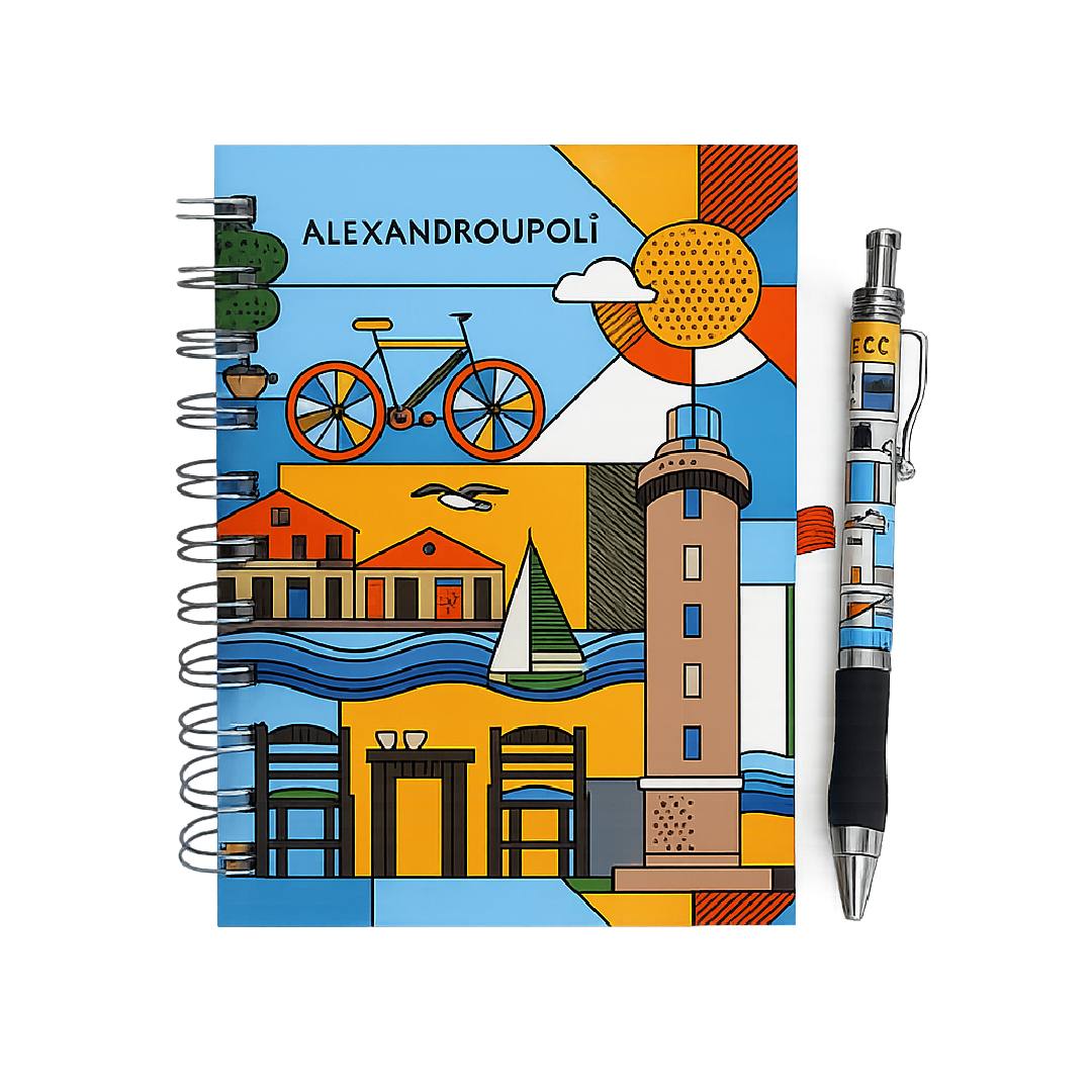 Open Alexandroupoli souvenir notebook with pen view on white background - Σημειωματάριο με στυλό Αλεξανδρούπολη ανοιχτό σε λευκό φόντο