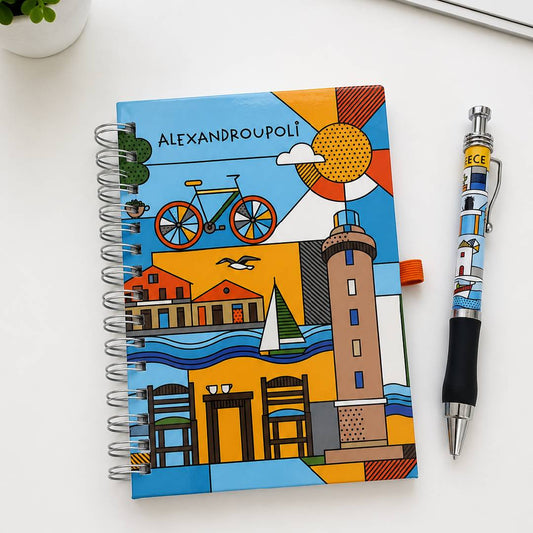 Alexandroupoli notebook and pen set in a lifestyle setting - Σημειωματάριο με στυλό Αλεξανδρούπολη σε φυσικό χώρο